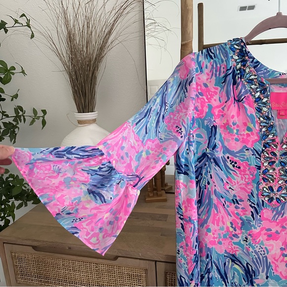 Lilly Pulitzer ELENORA SILK DRESS Periwinkle Purple Fan Sea Pants M - Picture 3 of 11